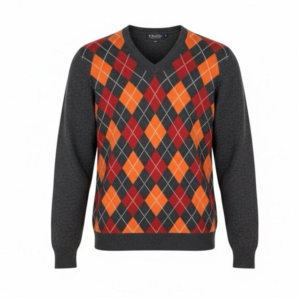 Vintage Brooks Brothers Lambswool Argyle V-Neck Sweater XL Made in Hong Kong